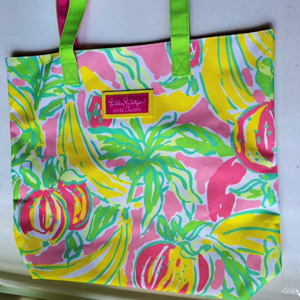Lilly Pulitzer Estee Lauder Tropical Print Tote Bag Banana Floral Pink Green